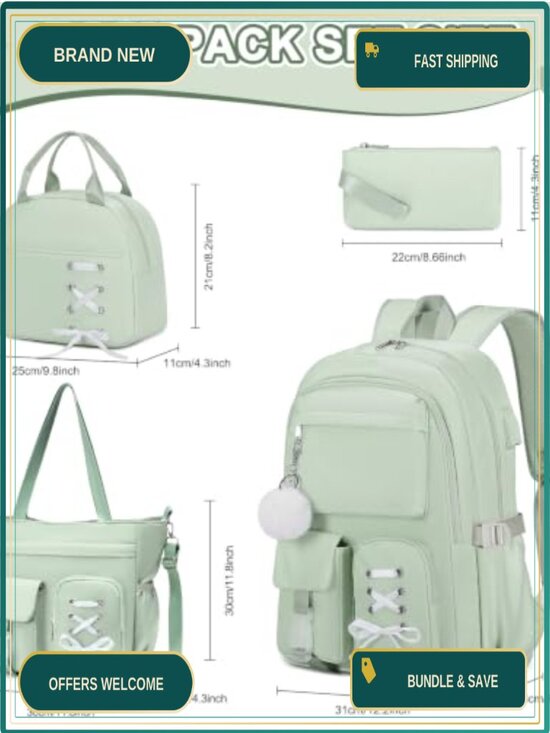 4PC Backpack Set with Lunch Bag & Crossbody for Teen Girls School Travel main image 5